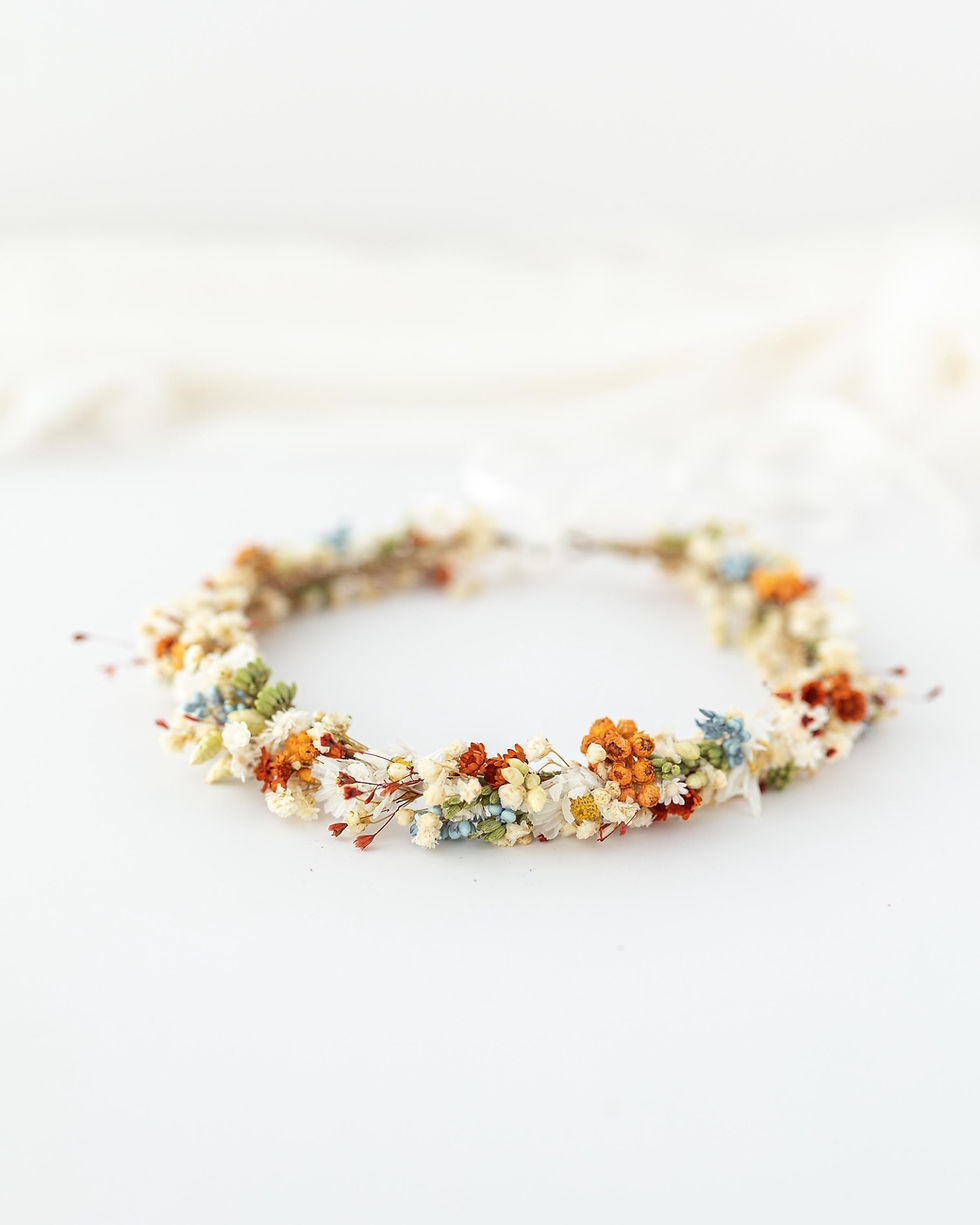 Miniaturbild: Bunter Blumenkranz aus Trockenblumen in orange, creme, blau, grün. Haarschmuck für Hochzeit, Braut, Oktoberfest Kranz