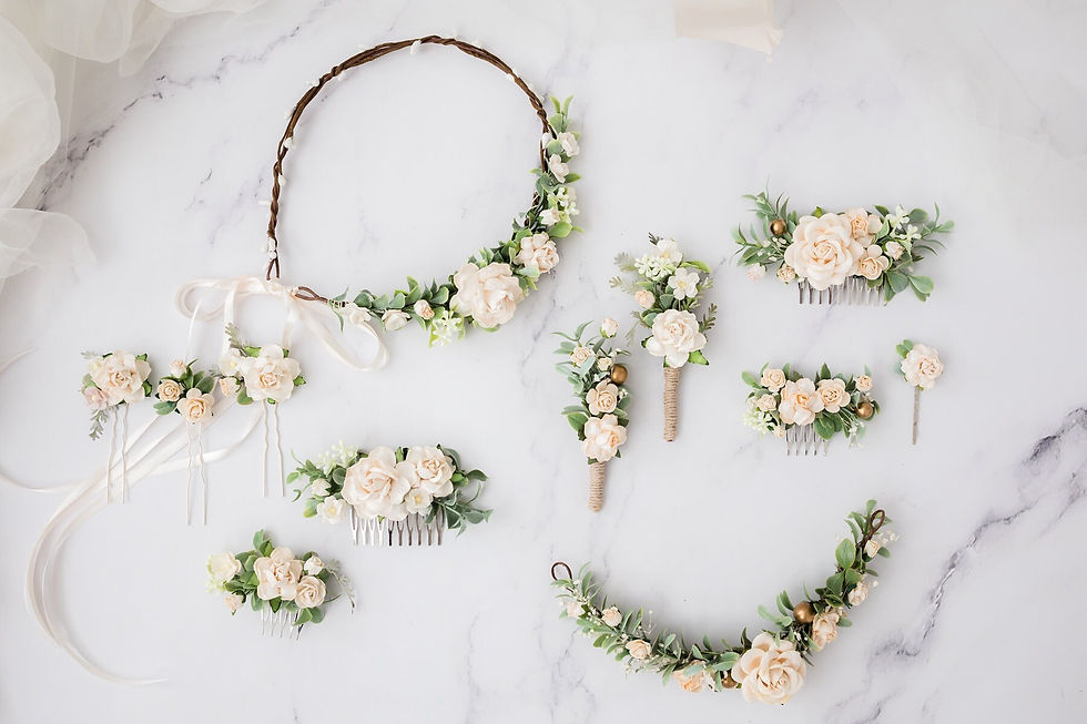 Miniaturbild: Braut Haarschmuck mit Blumen, Eukalyptus Blätter und Schleierkraut in champagne