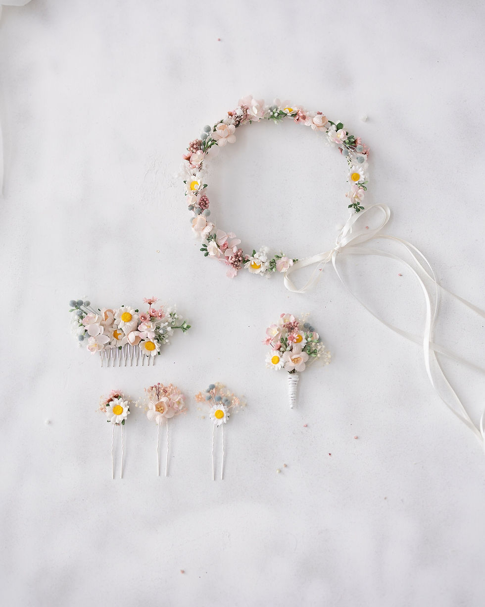 Miniaturbild: Braut Haarschmuck Haarblumen mit Gänseblümchen und echten Schleierkraut. Haarna