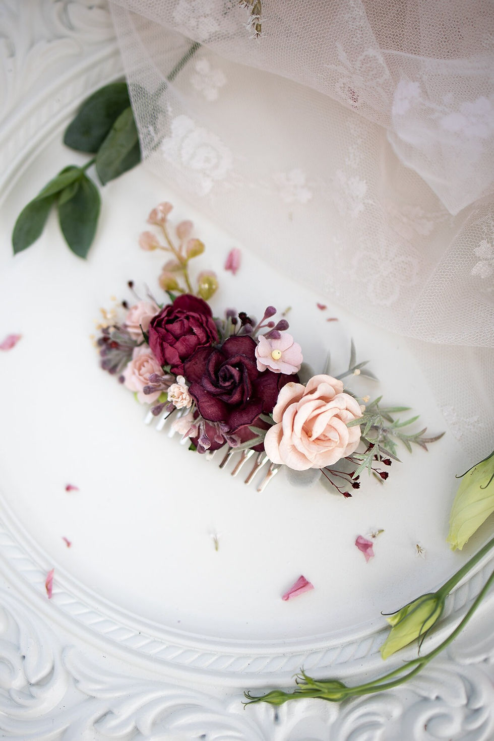 Miniaturbild: Braut Haarschmuck mit Blumen, Eukalyptus Blätter, Ruskus,vSchleierkraut nude, a