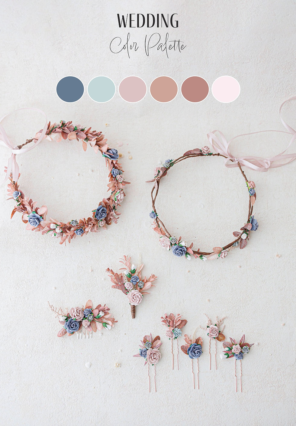 Miniaturbild: Braut Blumenkranz in blau und altrosa. Boho Hochzeit Blumenkrone, Blumen Haarsc