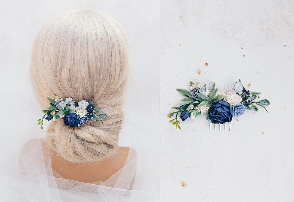 Miniaturbild: Braut Haarschmuck mit Blumen, Eukalyptus Blätter in dunkelblau, weiß und grün B