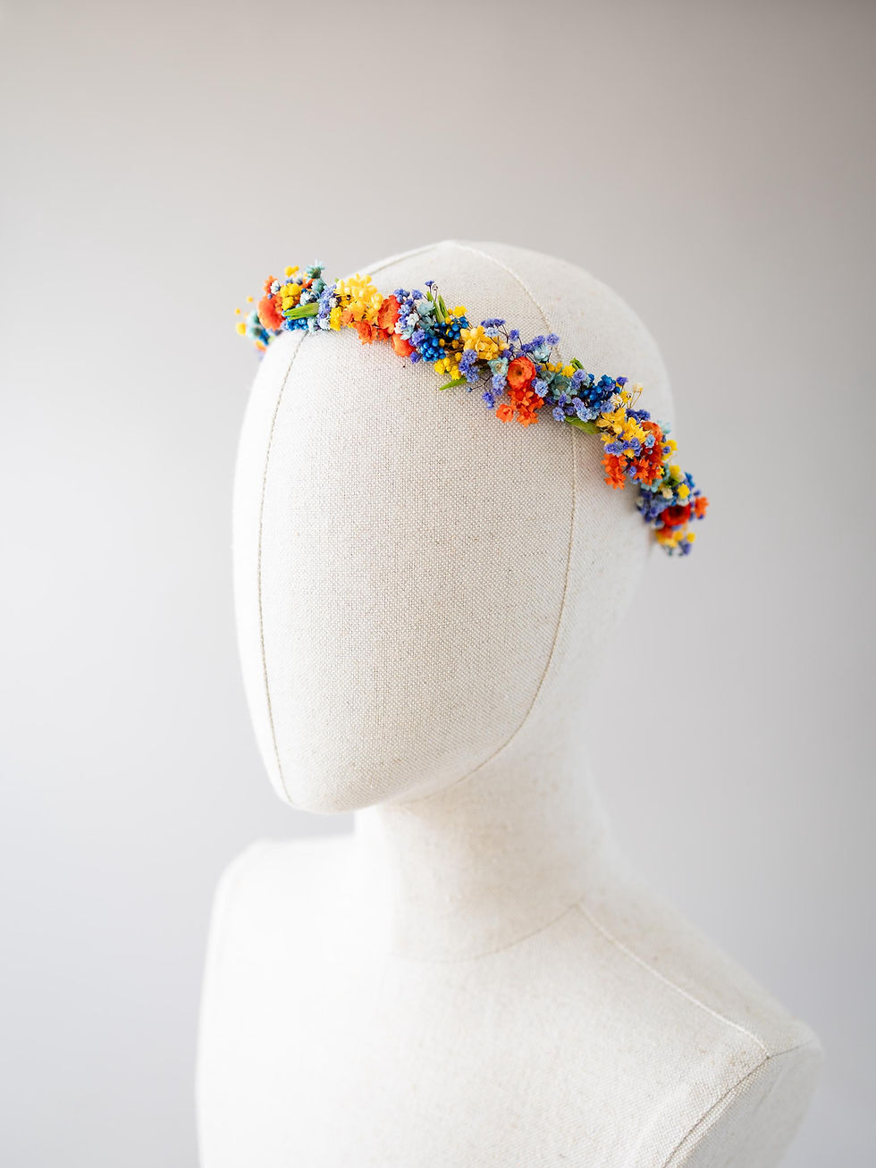 Miniaturbild: Boho Blumenkranz in orange, blau, gelb. Bunter Haarkraz mit Trockenbkumen. Hochzeit Haarschmuck. Braut Haarkranz.