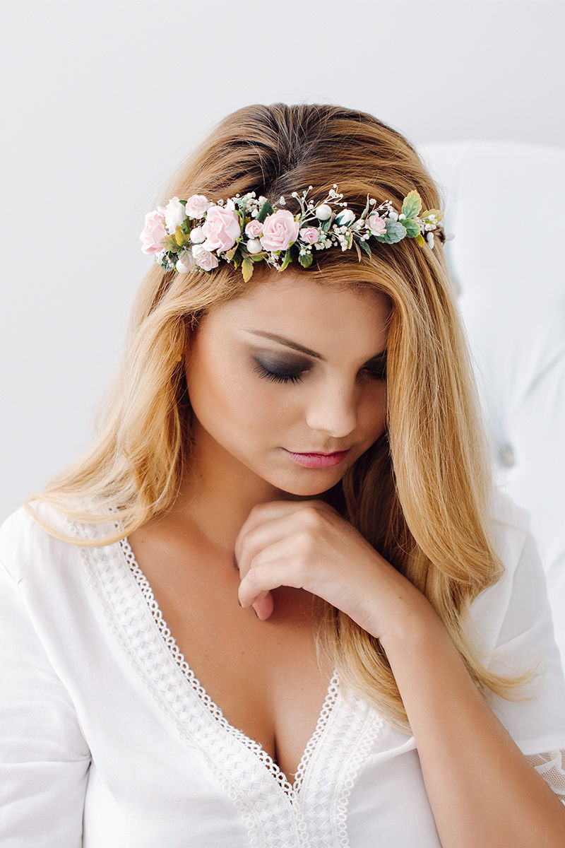 Blumenkranz Braut Hochzeit Haarkranz Blumen Haarschmuck Brautjungfern Oktoberfest Kranz Kopfschmuck Haarband Eukalyptus rosa