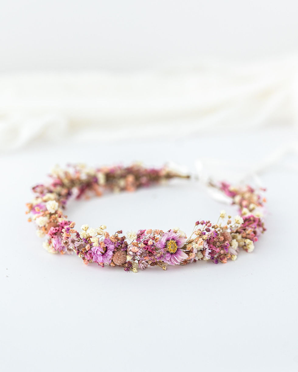 Miniaturbild: Bunter Blumenkranz aus Trockenblumen in altrosa,creme und lila. Haarschmuck für Hochzeit, Braut, Oktoberfest