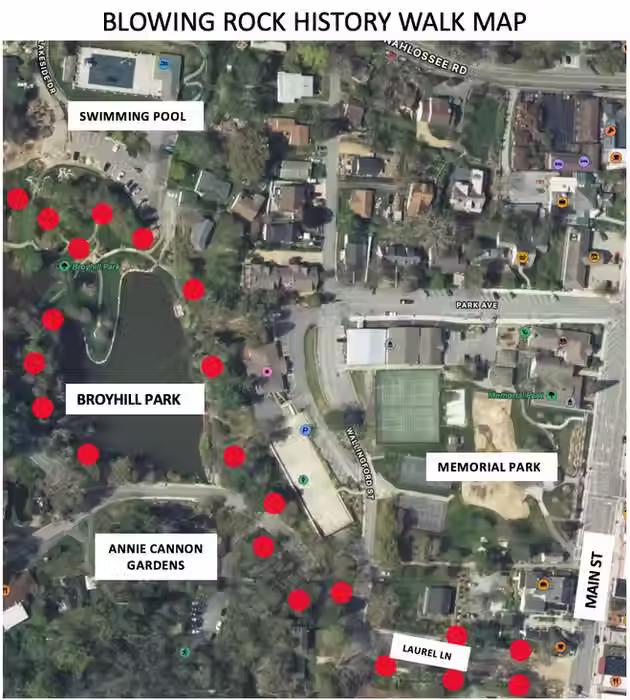 the intersection of Main Street and Laurel Lane, travels a block and a half down Laurel Ln. then around the beautiful lake in Broyhill Park and back to Main Street.