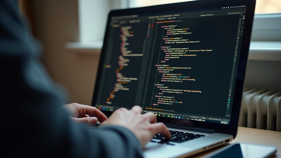Close-up view of a person coding on a laptop with Python code on the screen
