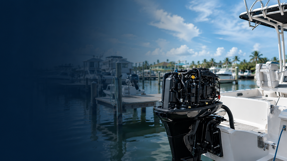Outboard engine with its cover removed on a boat docked at a marina.