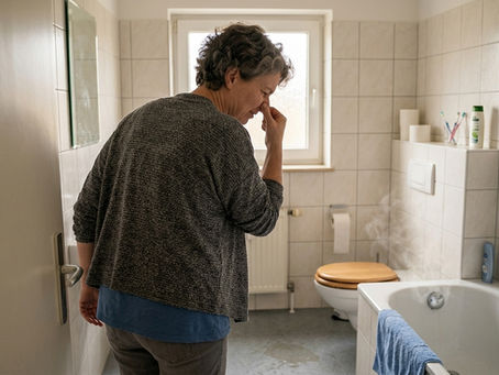Photo d'une dame gênée par des remontées d'odeur dans la salle de bains de sa maison, qui se pince le nez