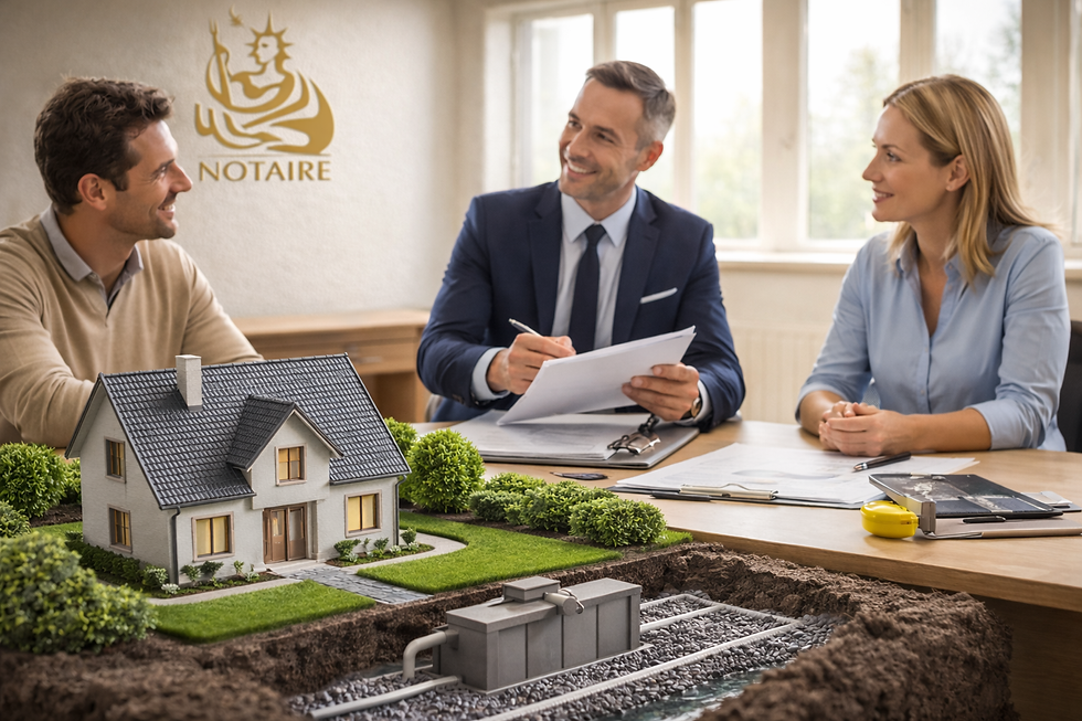 Photographie d'un vendeur et d'un acheteur chez le notaire, pour la vente d'un bien équipé d'un assainissement individuel