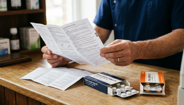 Gros plan sur des mains tenant une notice de médicament près de boîtes ouvertes