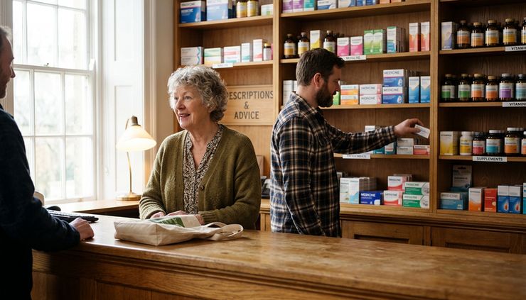 Vue à hauteur des yeux d’un comptoir de pharmacie avec des boîtes de médicaments soigneusement rangées