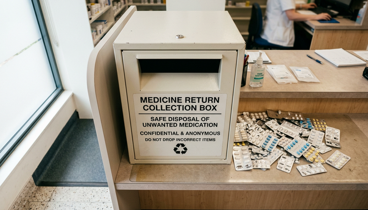 Vue en plongée d’une boîte de collecte pour médicaments non utilisés dans une pharmacie