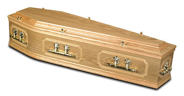 The Sutton Coffin - Embellished side panels with a raised top finished with a light oak stain and brass fittings