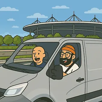 Two junk removal workers driving their van  in Seine Saint Denis district