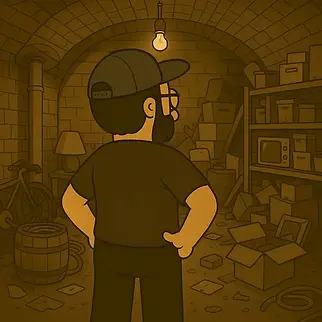 Worker inspecting a cluttered Paris basement before junk removal and recycling