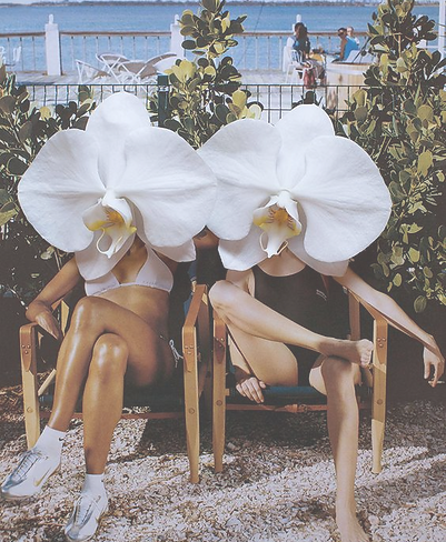deux femmes avec une tête d'orchidée