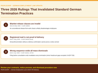 Three BAG rulings in 2026 invalidated standard German termination practices — a blanket release clause, registered-mail notices, and an out-of-sequence mass dismissal filing.