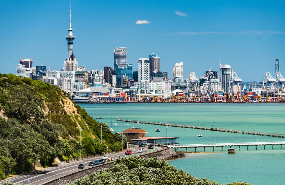Skyline view of Auckland city with the Sky Tower, harbour, and marina on a sunny day.