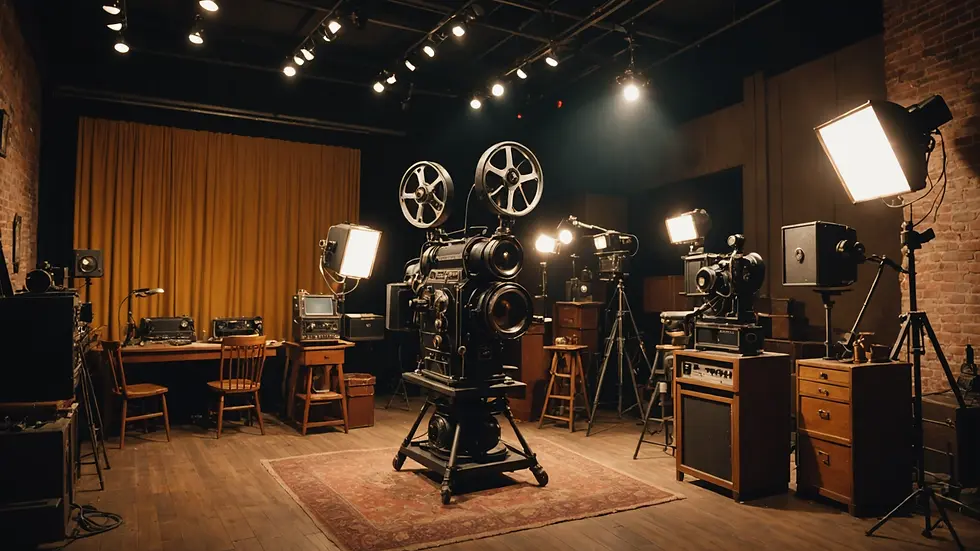 Wide angle view of a film set showcasing the classic cinematic equipment