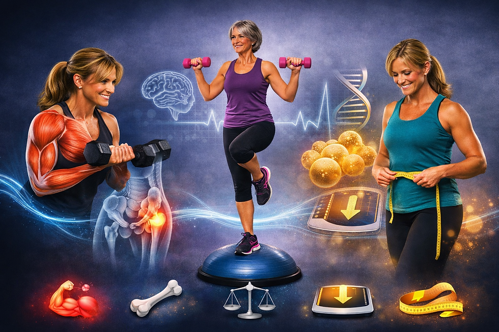 Visual composite of women over 40 performing strength training with anatomical, bone, balance, and metabolism illustrations.