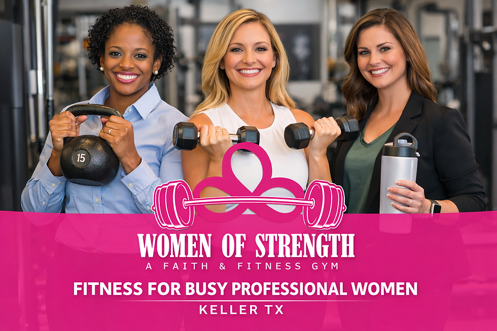 Three professional women working out at Women of Strength Gym in Keller TX, one lifting a kettlebell, one using dumbbells, and one holding a water bottle — representing fitness for busy professional women.