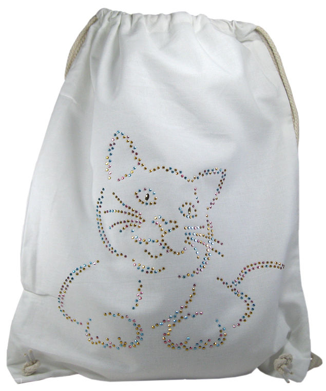 Cotton gym bag with a smiling cat rhinestud design