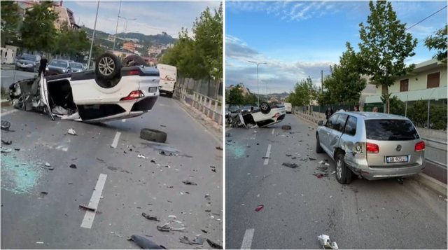 Moments of panic / Vehicle goes off the road and overturns, two people injured