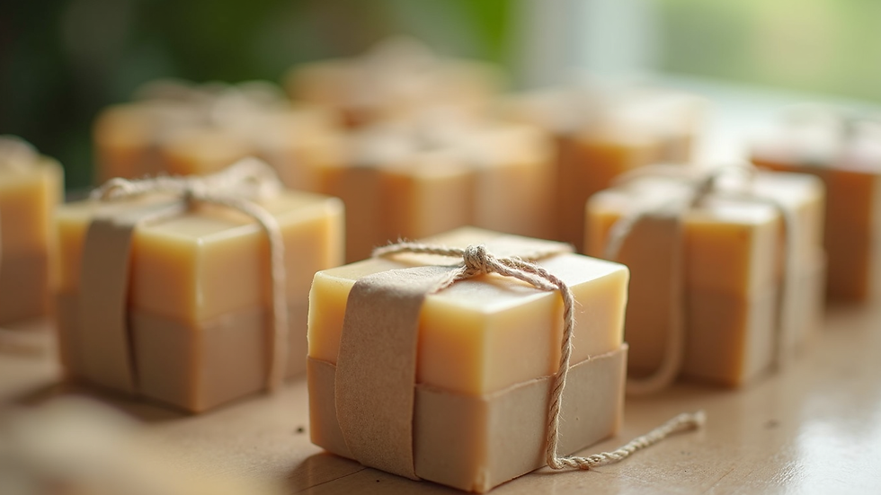 Eye-level view of eco-friendly handmade soap bars wrapped in recycled paper