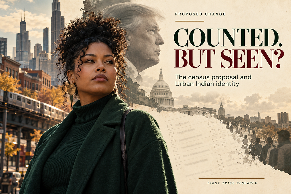 AI-generated editorial collage of an Urban Indian woman, Trump, census forms and city architecture.