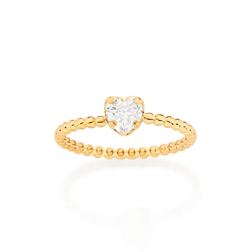 ANEL SOLITÁRIO CORAÇÃO BANHADO A OURO 18K COM ZIRCÔNIA E MEIA ESFERAS 5133271206