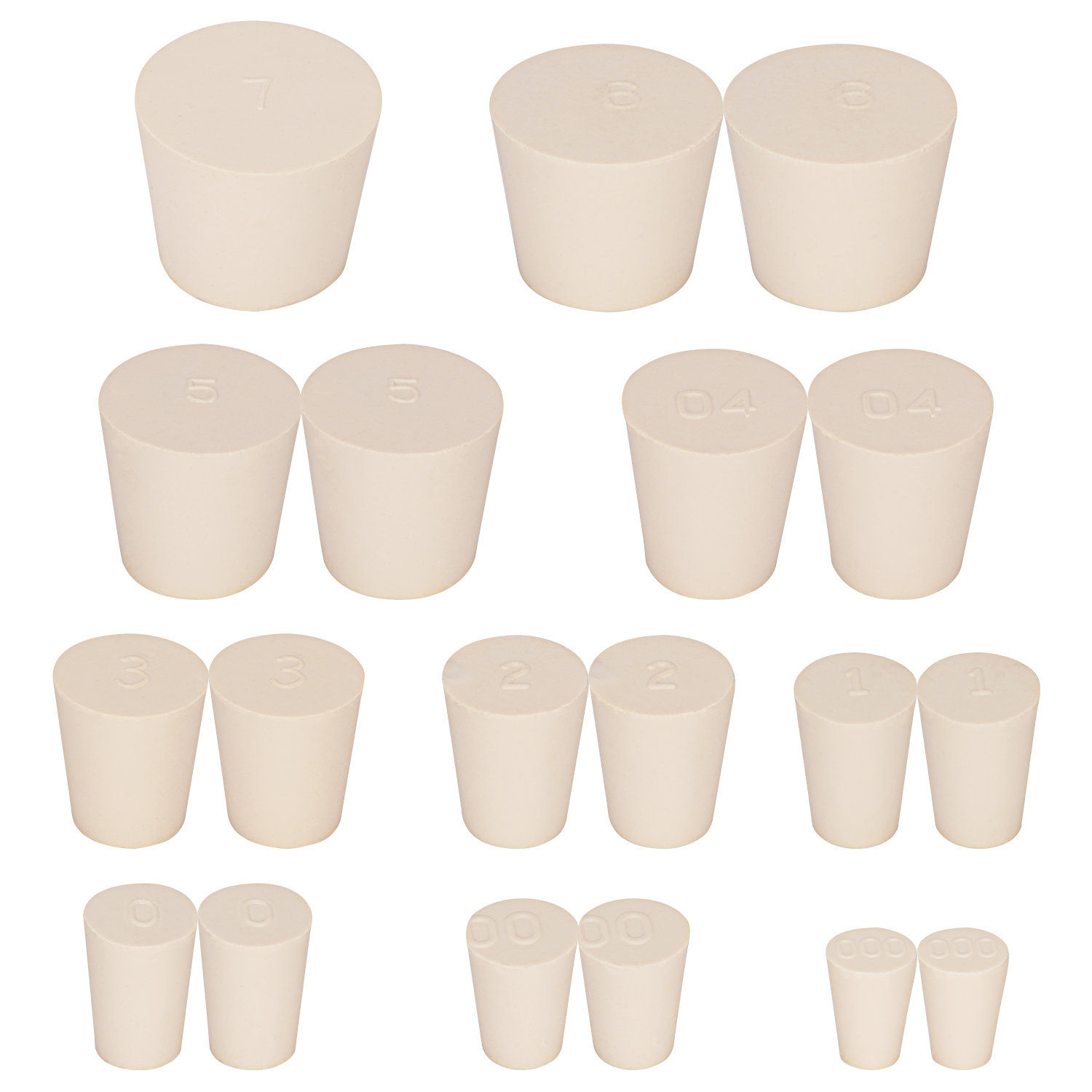 Solid Rubber Stoppers Set, White Tapered Lab Seal Rubber Stoppers