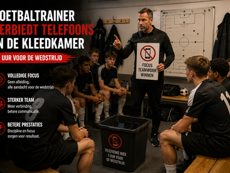 Voetbal trainer verbiedt telefoons in de kleedkamer een uur voor de wedstrijd.
