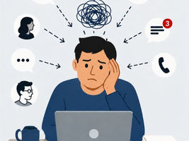 Medewerker die tijdens geconcentreerd werk voortdurend wordt onderbroken door e-mails, telefoontjes, berichten en collega's.