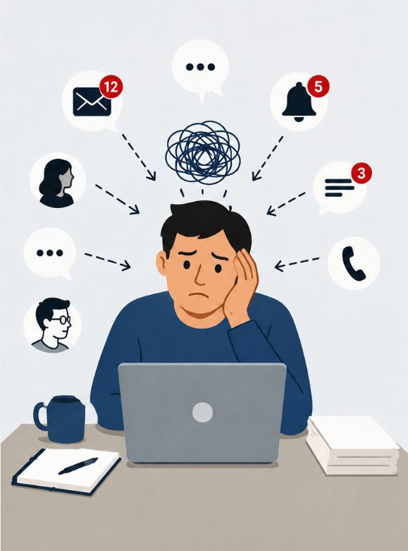 Medewerker die tijdens geconcentreerd werk wordt onderbroken door e-mails, telefoontjes, berichten en collega's.