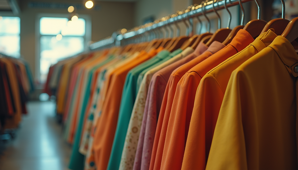 Rack of colorful shirts on hangers in a store