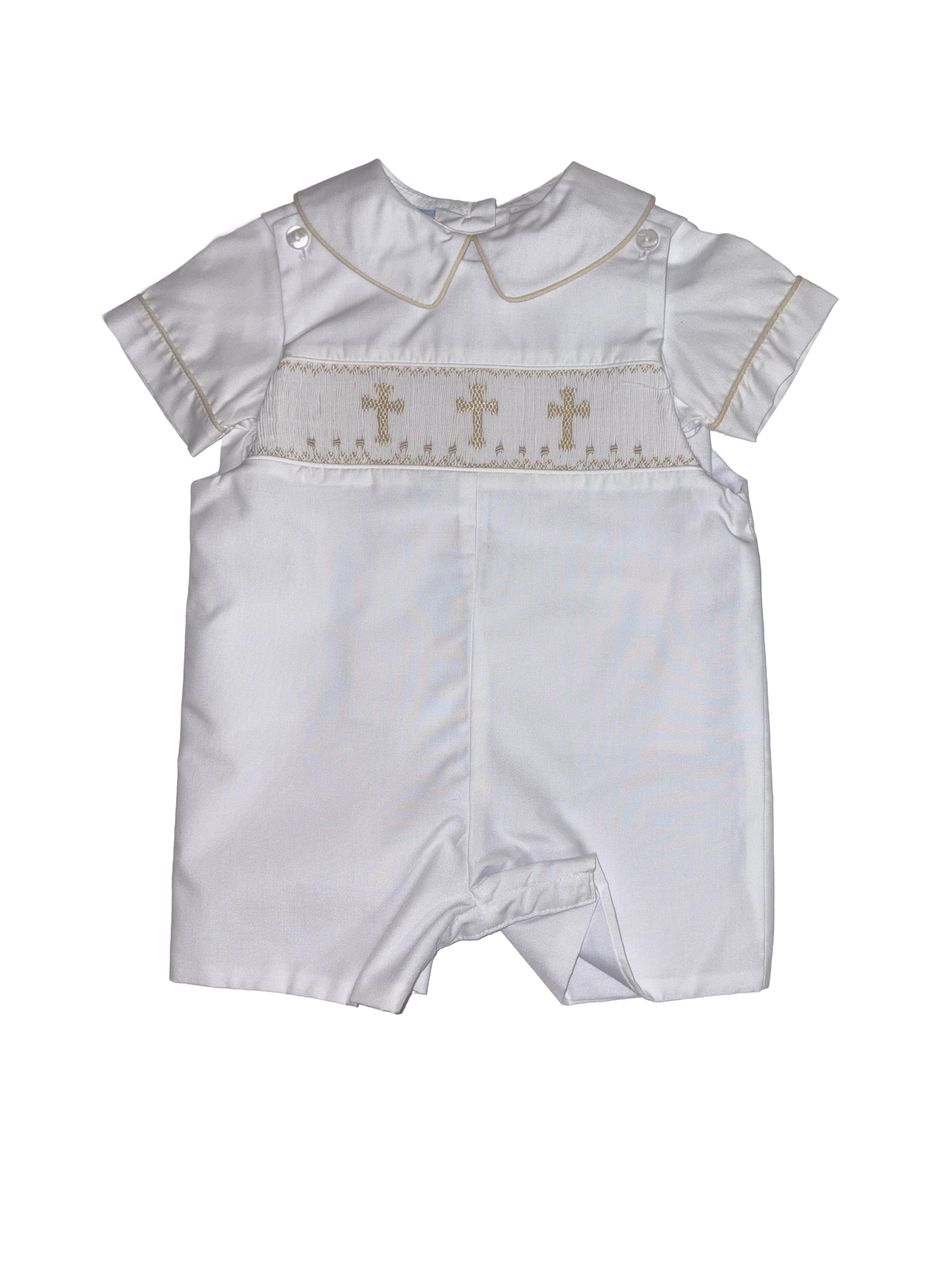 Petit Bebe | Baby Boys Cross Smocked Shortall with Pointed Collar 