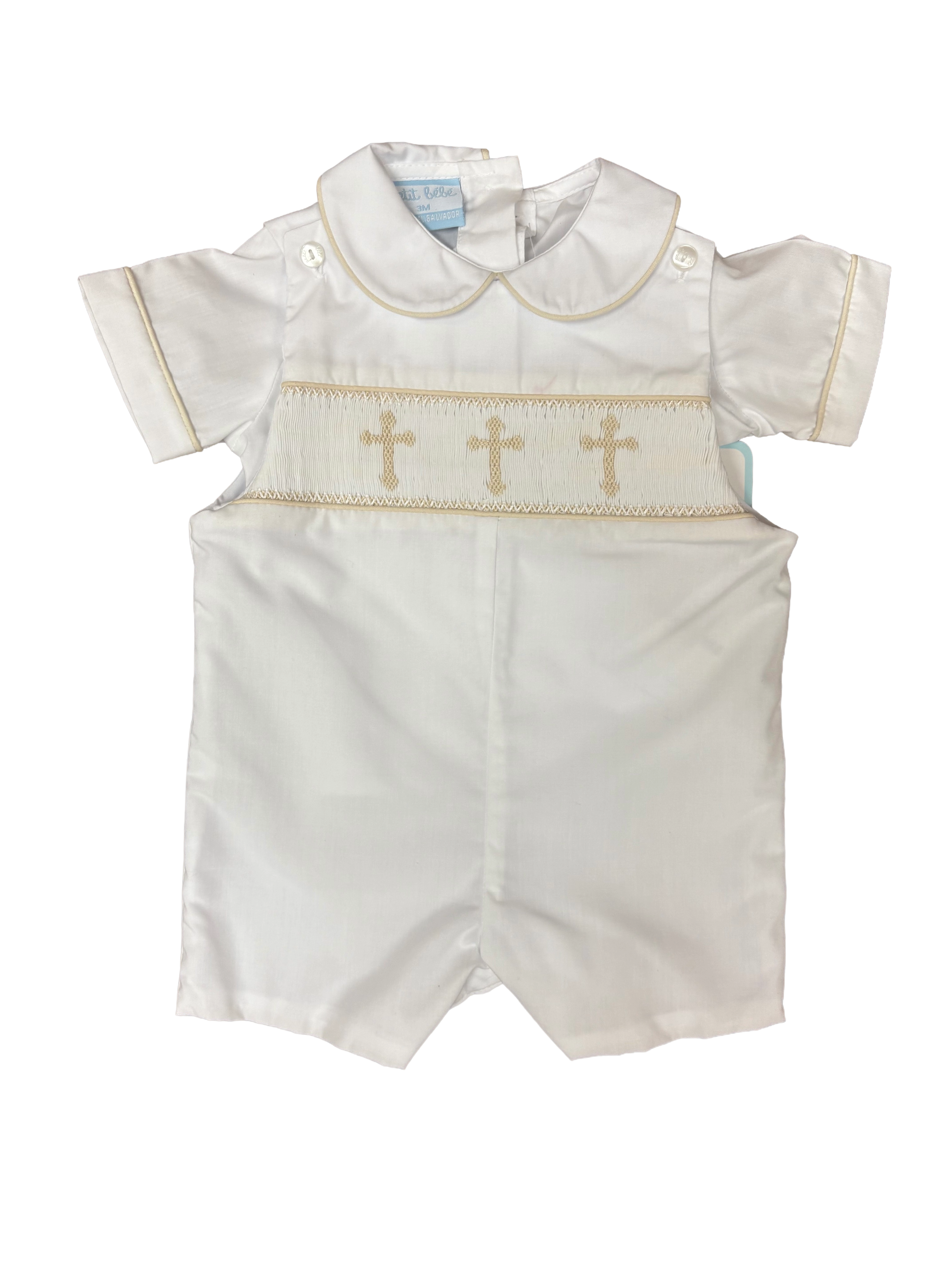 Petit Bebe | Baby Boys Cross Smocked Shortall with Peter Pan Collar