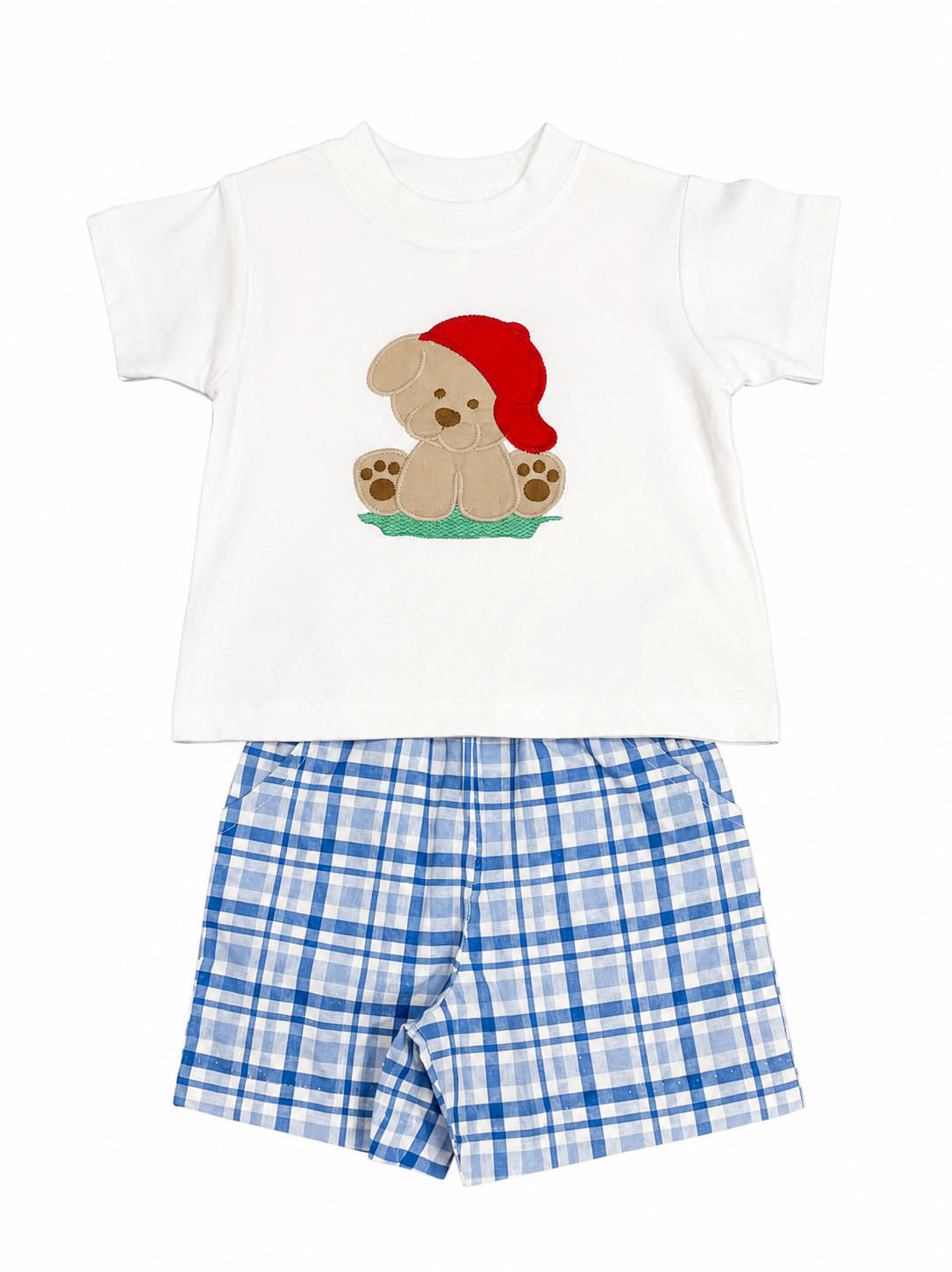 Bailey Boys | Baby Boys Puppy Shirt with Blue Plaid Shorts Set