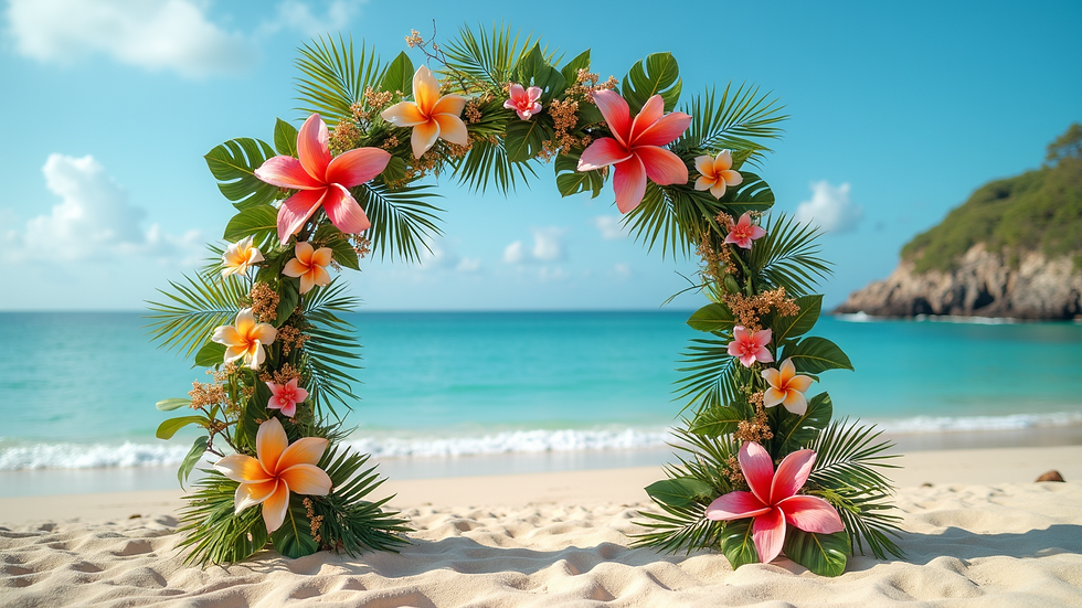 Primer plano de un arco floral decorado con flores tropicales en la playa