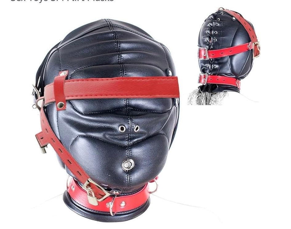 Thumbnail: ALMYMM Leather Bondage Mask, Full Face Restraint Mouth Open Head Masks Hood With