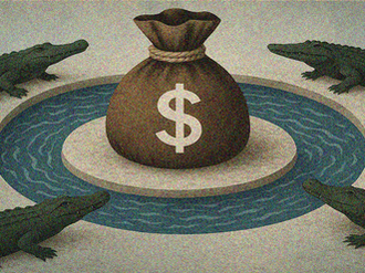Cash being protected by a moat, with alligators looking at the cash hungrily