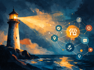A lighthouse shining a light on different websites, all connected.