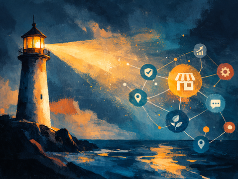 A lighthouse shining a light on different websites, all connected.