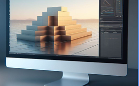 Computer monitor showing a 3D model of a step pyramid