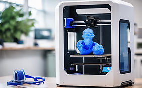 A 3d printer sitting in a doctors office printing a blue bust.