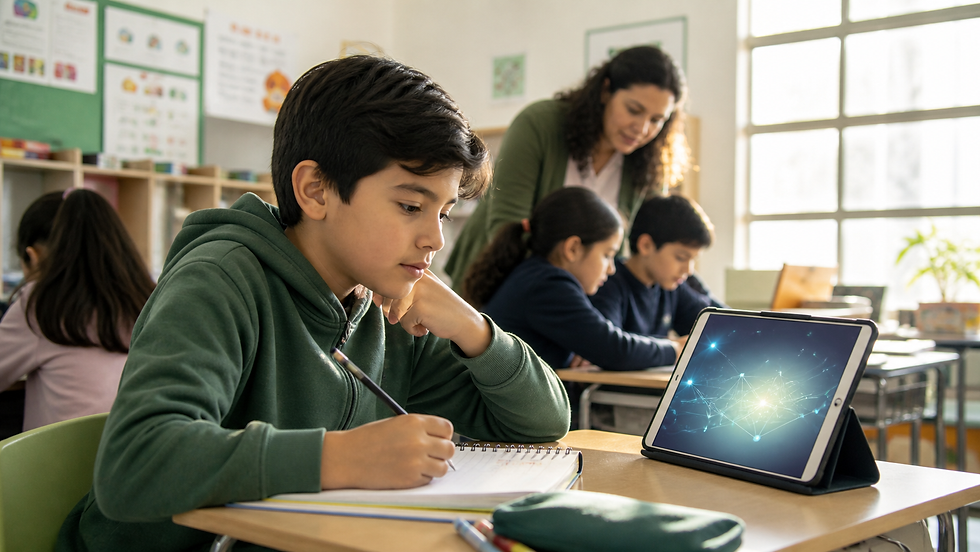 Estudiante escribiendo en su cuaderno mientras utiliza una herramienta de inteligencia artificial, acompañado por su profesora.