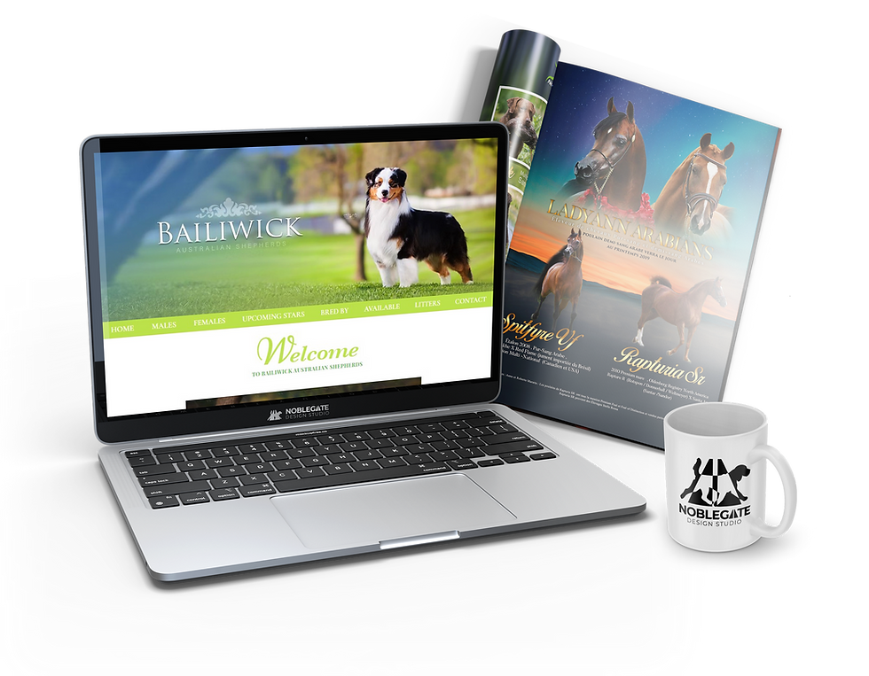Laptop with kennel website, horse magazine ad, and NobleGate logo mug