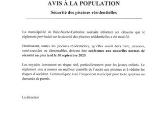 AVIS À LA POPULATION: Sécurité des piscines résidentielles