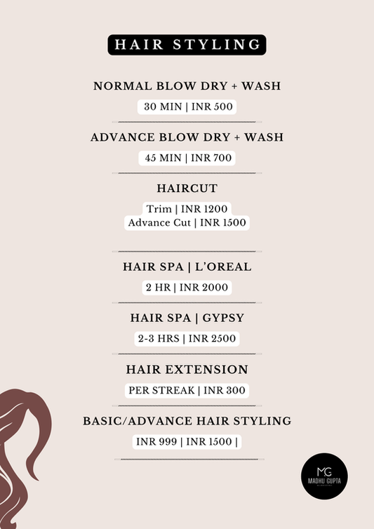 Hair styling services price list at MG Makeovers Gurgaon featuring Blow Dry, Haircut, L’Oreal and Gypsy Hair Spa, Hair Extensions, and Styling rates.